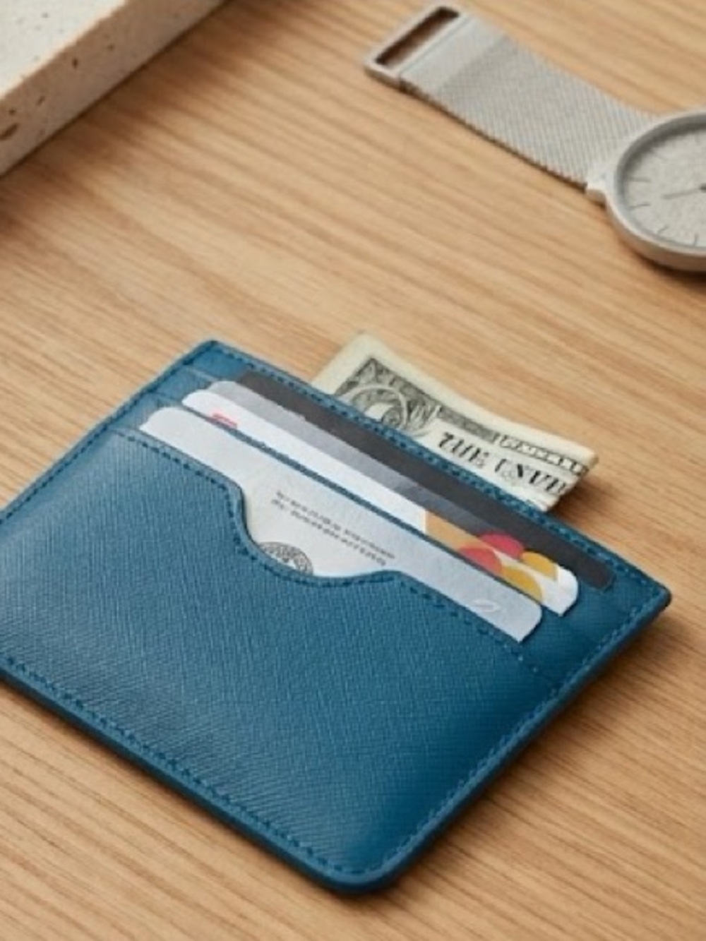 Neiman Marcus - Leather Compact Slim Teal Card Holder Wallet Insert